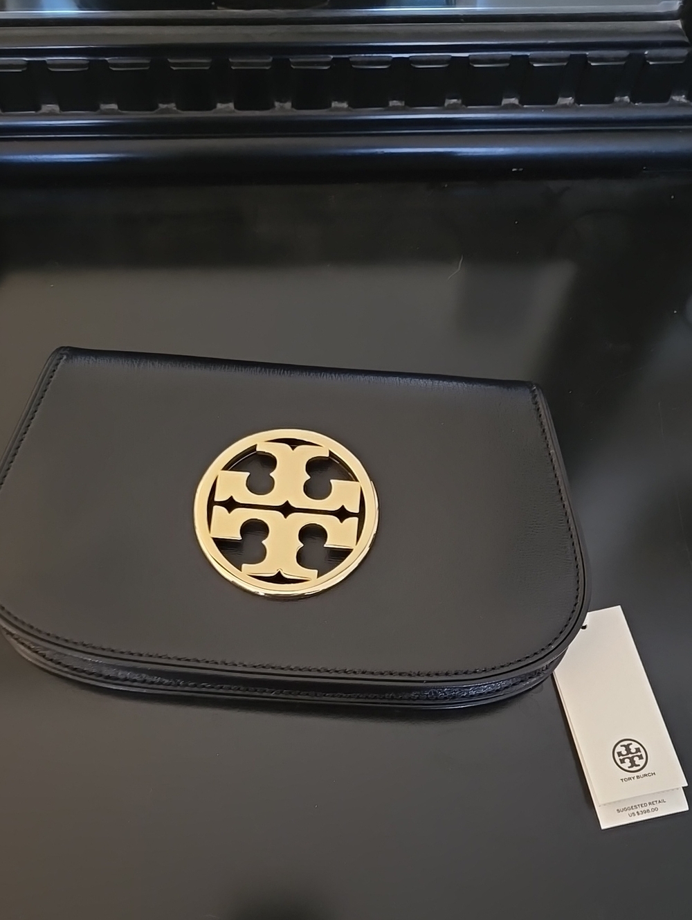 Tory Burch Black Leather Clutch with Gold Logo